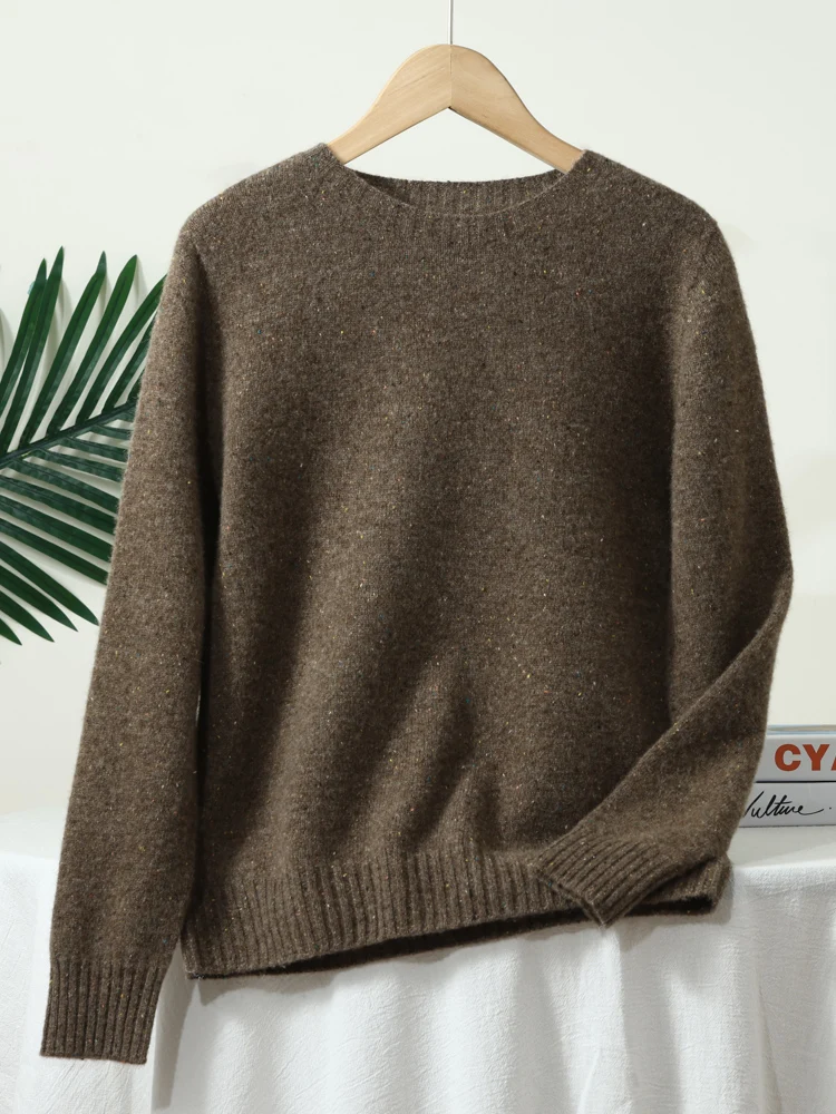 Wełniany sweter z okrągłym dekoltem 100% merino Kawowy
