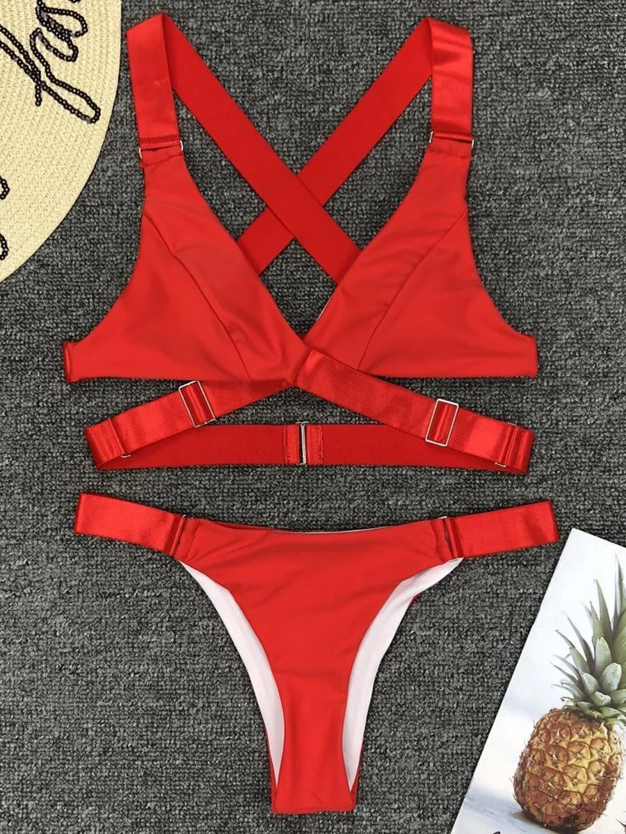 Welurowe bikini z regulowaną klamrą i bandażem Czerwony