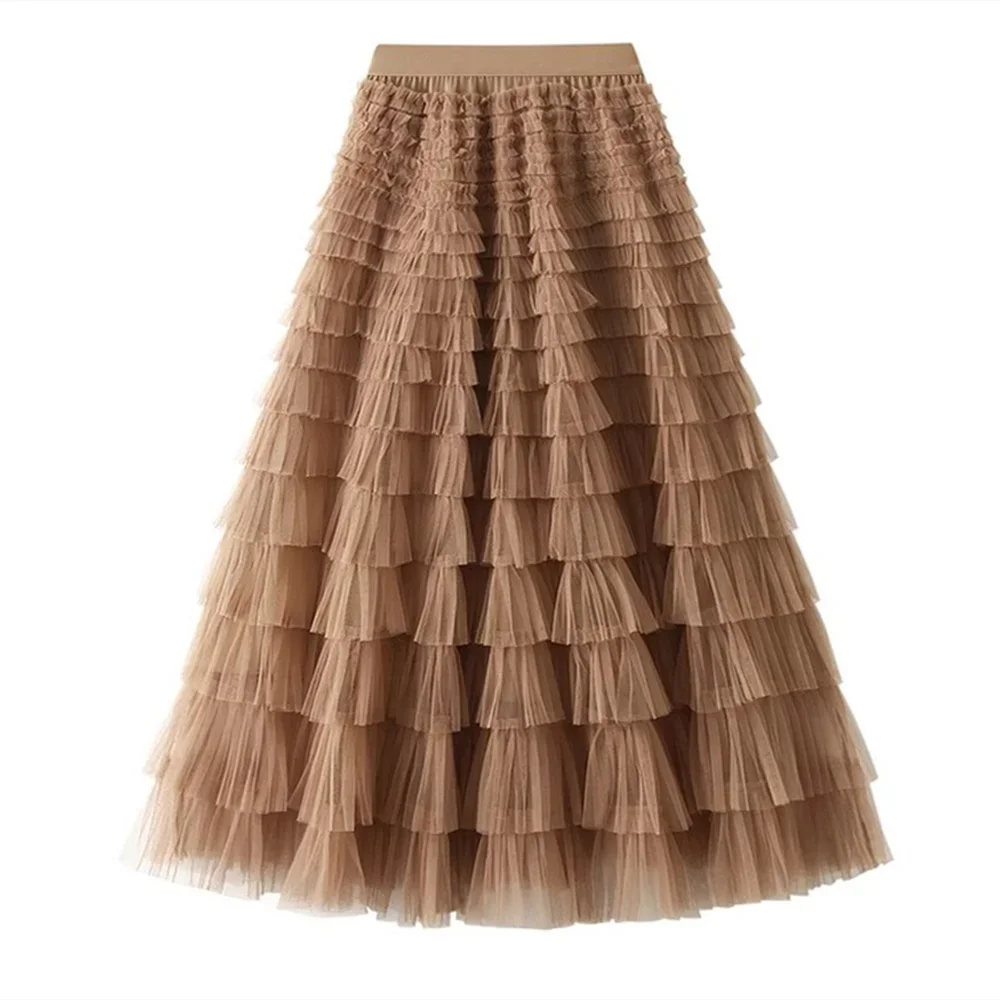 Wielowarstwowa koronkowa spódnica tutu midi — wysoka talia Khaki