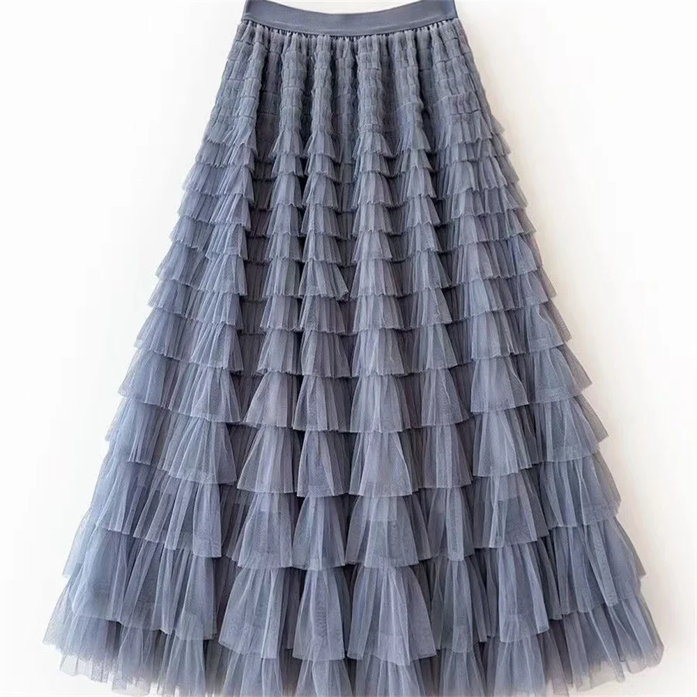 Wielowarstwowa koronkowa spódnica tutu midi — wysoka talia Szary
