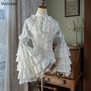Wiktoriańska bluzka Lolita gothic z koronką i rozkloszowanymi rękawami Biały