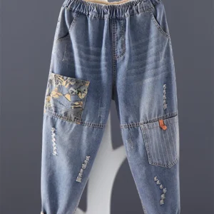 Workowate jeansy patchwork w stylu vintage streetwear Niebieski