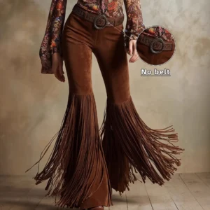 Damskie zamszowe spodnie z frędzlami w stylu western Brązowy