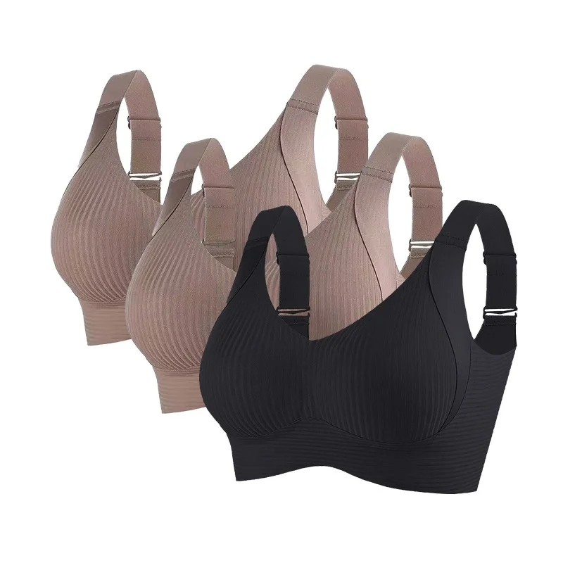 Zestaw 3 biustonoszy push-up bez fiszbinów — bezszwowy bralet z dekoltem V Khaki