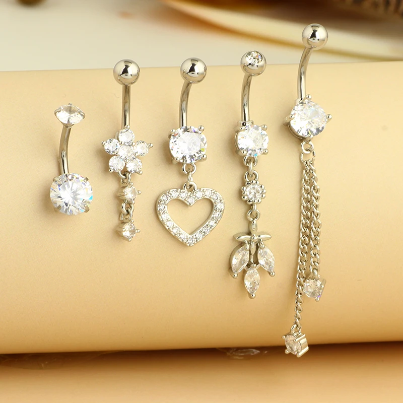 Zestaw 5 zwisających piercingów pępka cute dangle 14G Rodowany