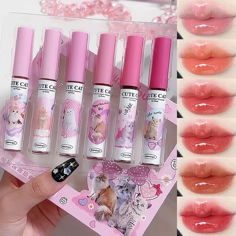 Zestaw 6 błyszczyków mirror gloss w stylu cute cat lusterko Armijna zieleń