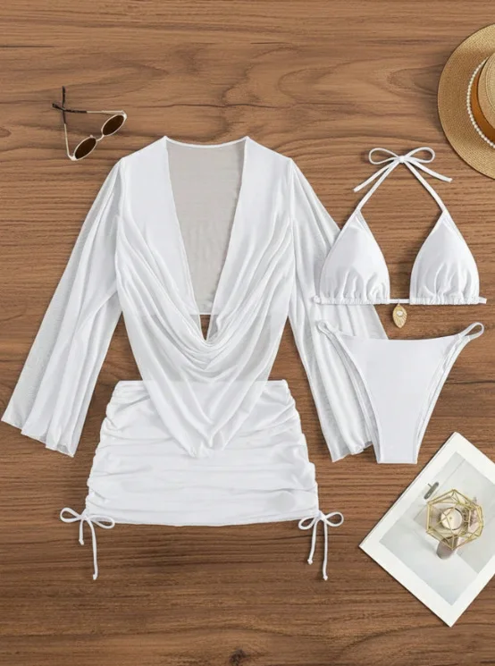 Zestaw bikini 4-częściowy z prześwitującą narzutką Brązowy