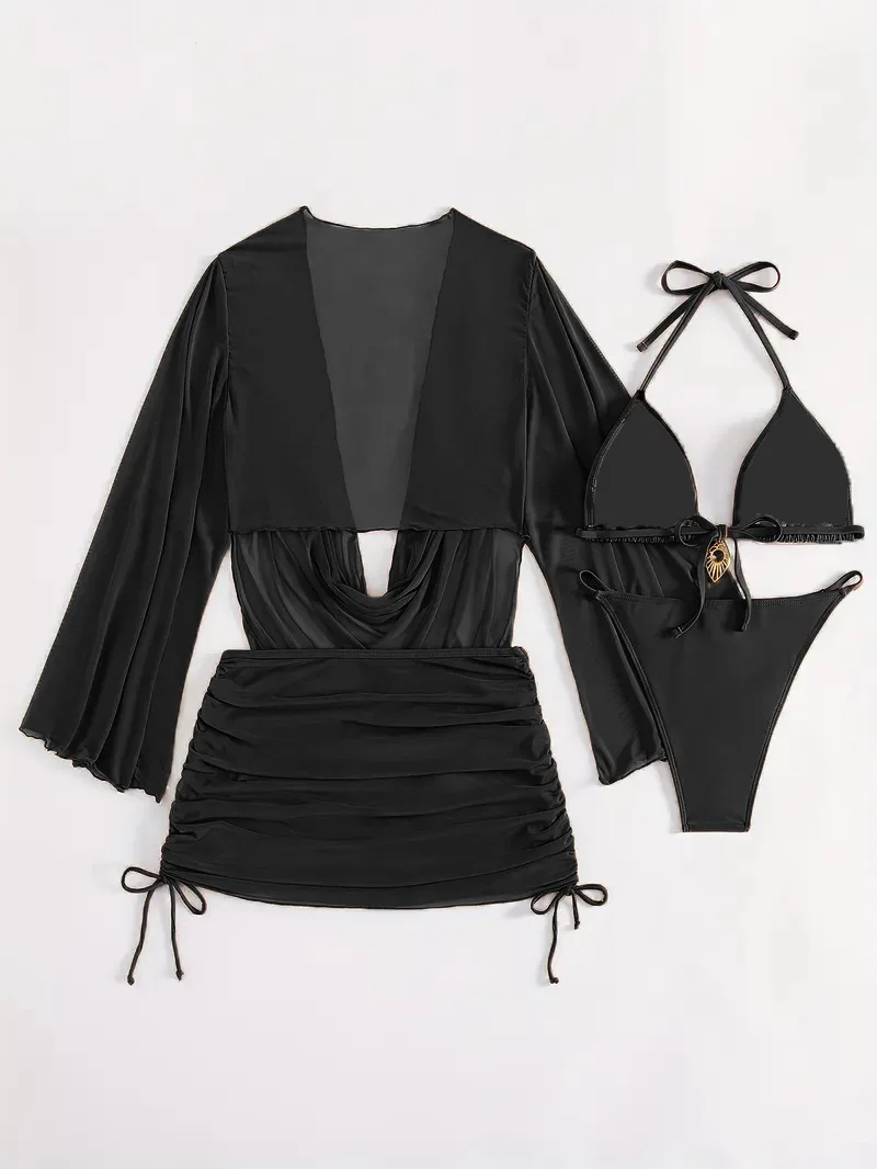 Zestaw bikini 4-częściowy z prześwitującą narzutką Czarny