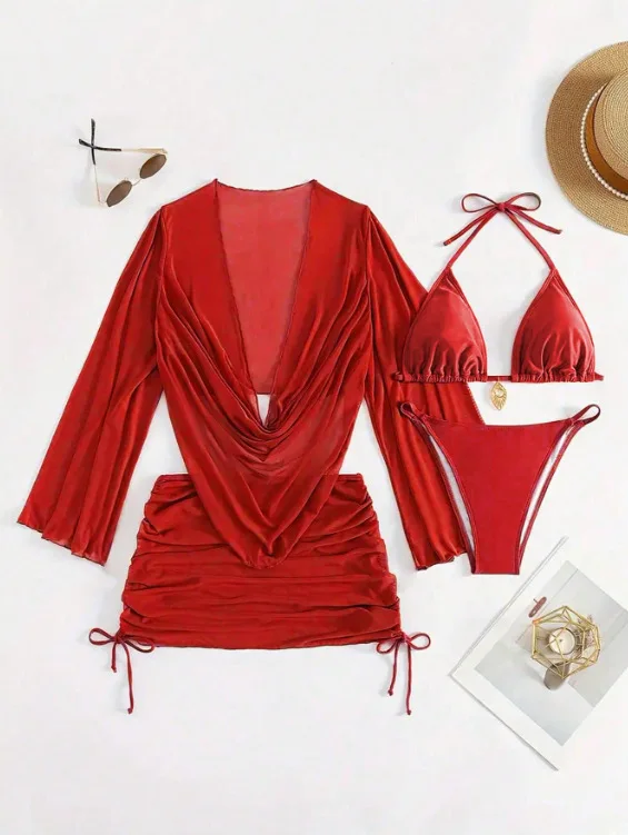 Zestaw bikini 4-częściowy z prześwitującą narzutką Niebieski