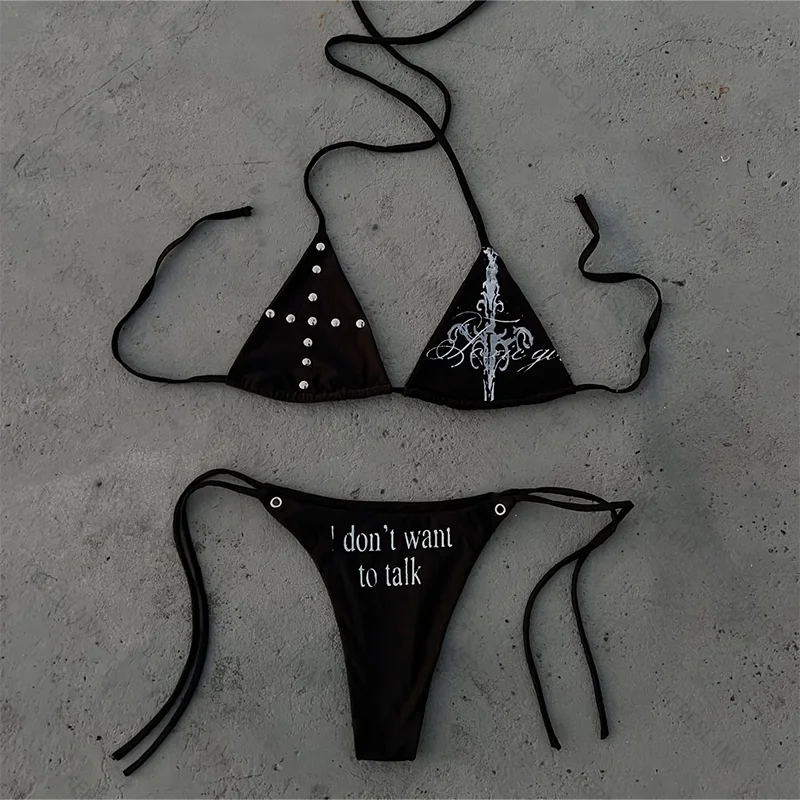 Zestaw bikini w stylu Y2K wiązany na szyję Czarny