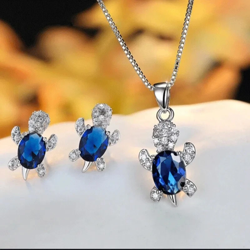 Zestaw biżuterii 925 naszyjnik z żółwiem i kolczyki Rodowany