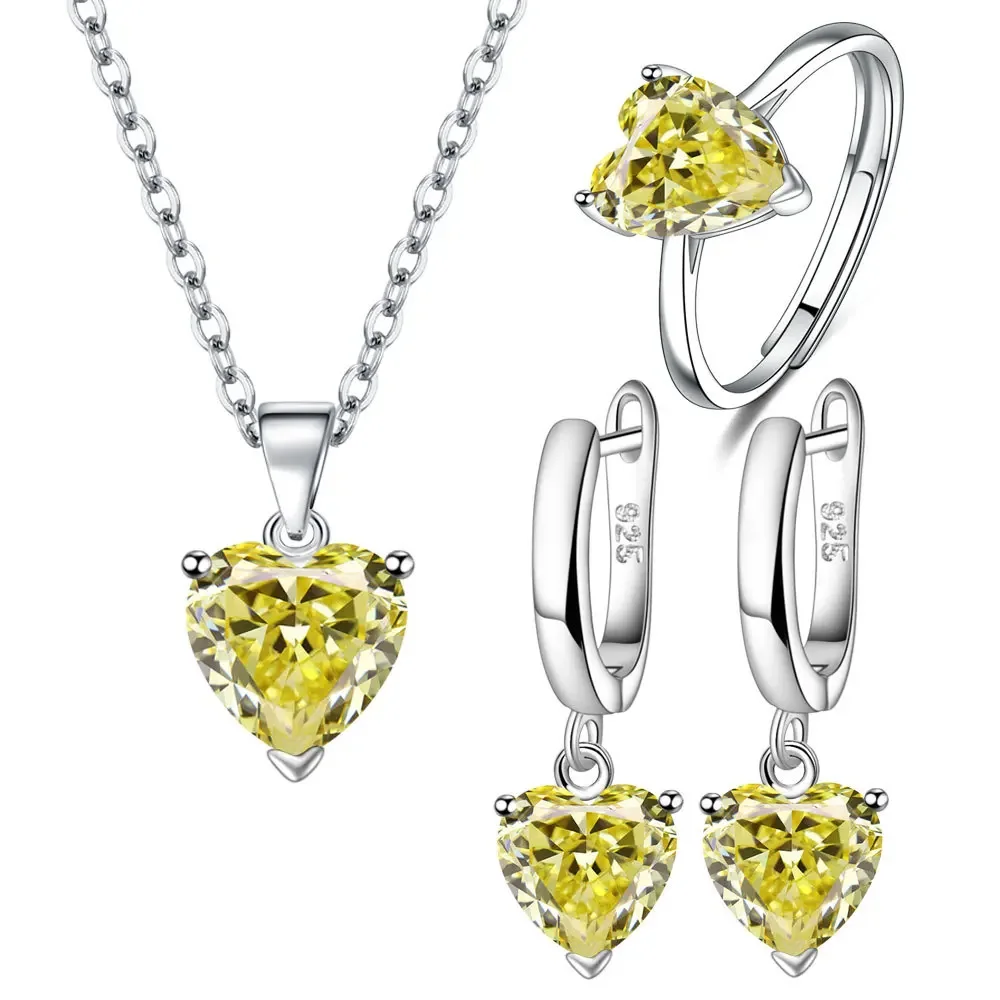 Zestaw biżuterii ze srebra 925 z cyrkonią serce żółty