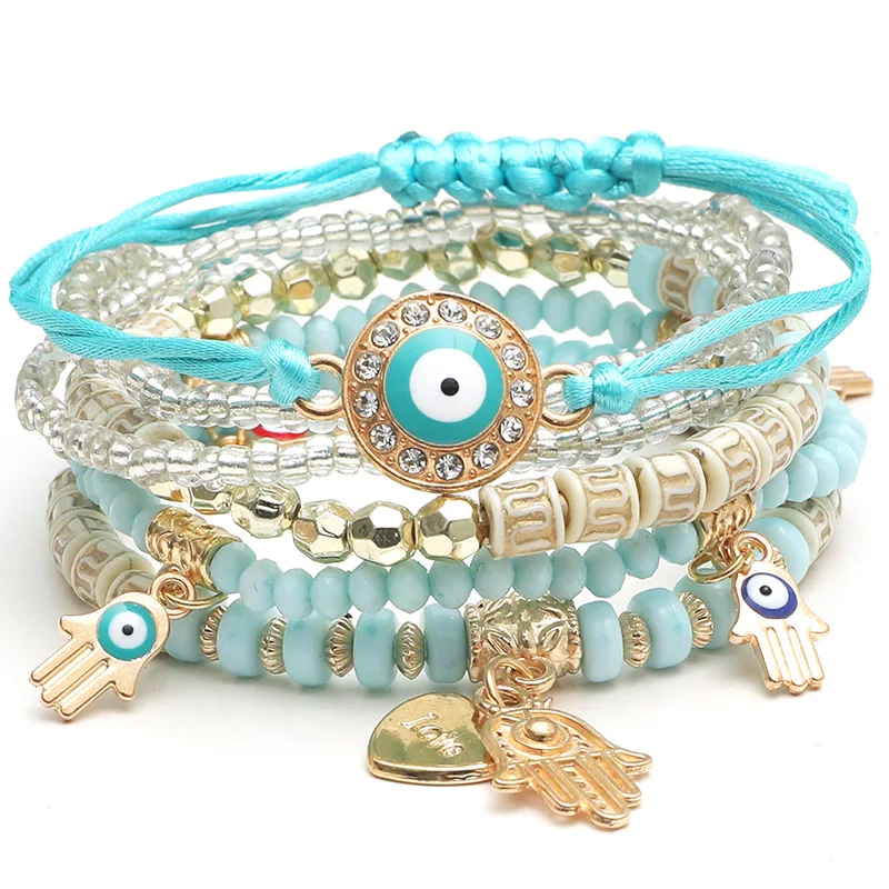 Zestaw 6 bransoletek damskich Evil Eye z amuletami Ciemnozielony