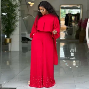 Elegancki zestaw damski bluzka maxi z perłami i spodnie wide leg Czerwony
