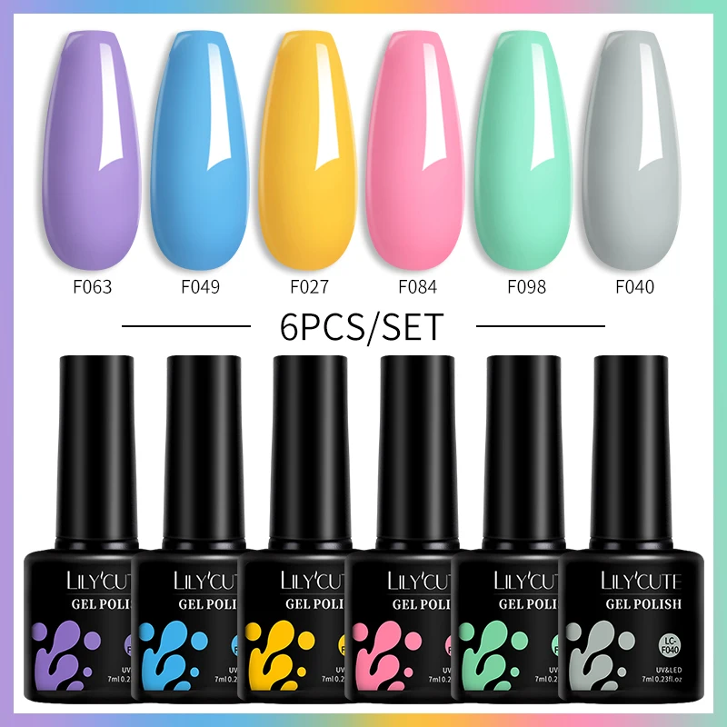 Zestaw 6 lakierów żelowych do paznokci LILYCUTE — neonowe i pastelowe Niebieski