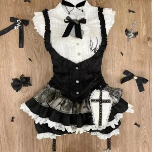 Zestaw damski Preppy z koronką i spódniczką w kratkę — styl Kawaii Y2K Armijna zieleń