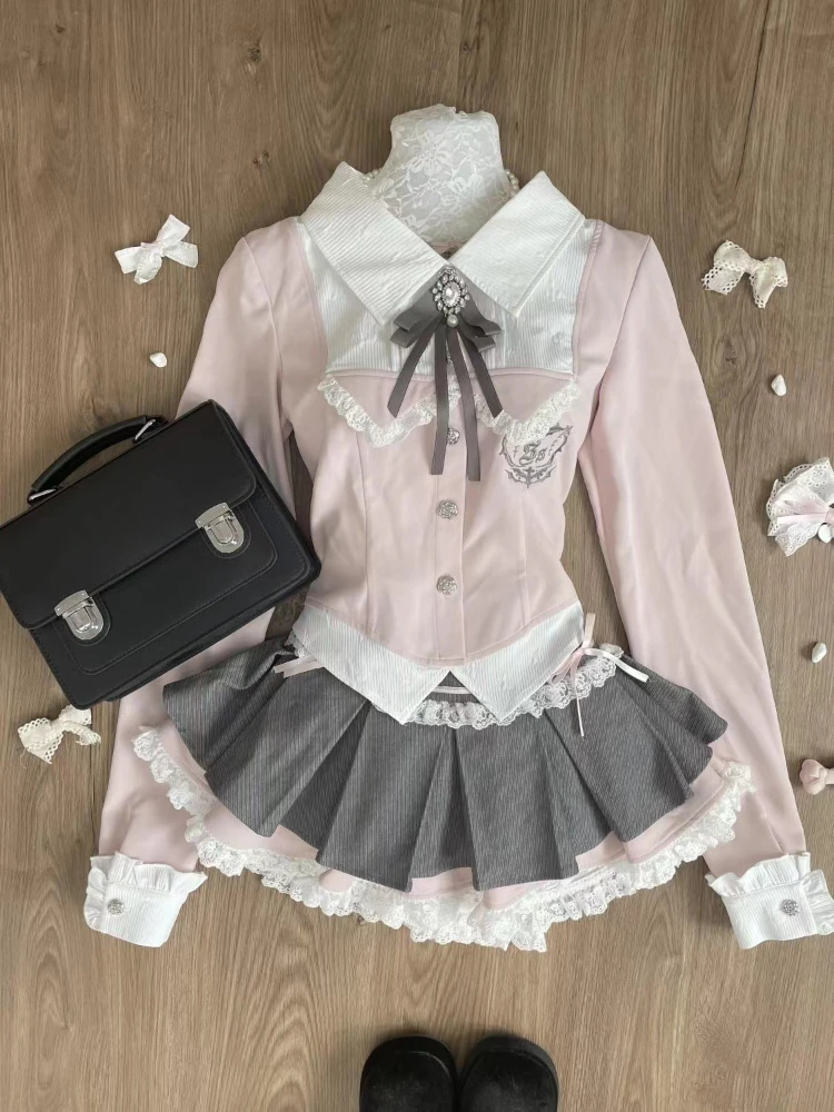 Zestaw damski Preppy z koronką i spódniczką w kratkę — styl Kawaii Y2K Czerwony
