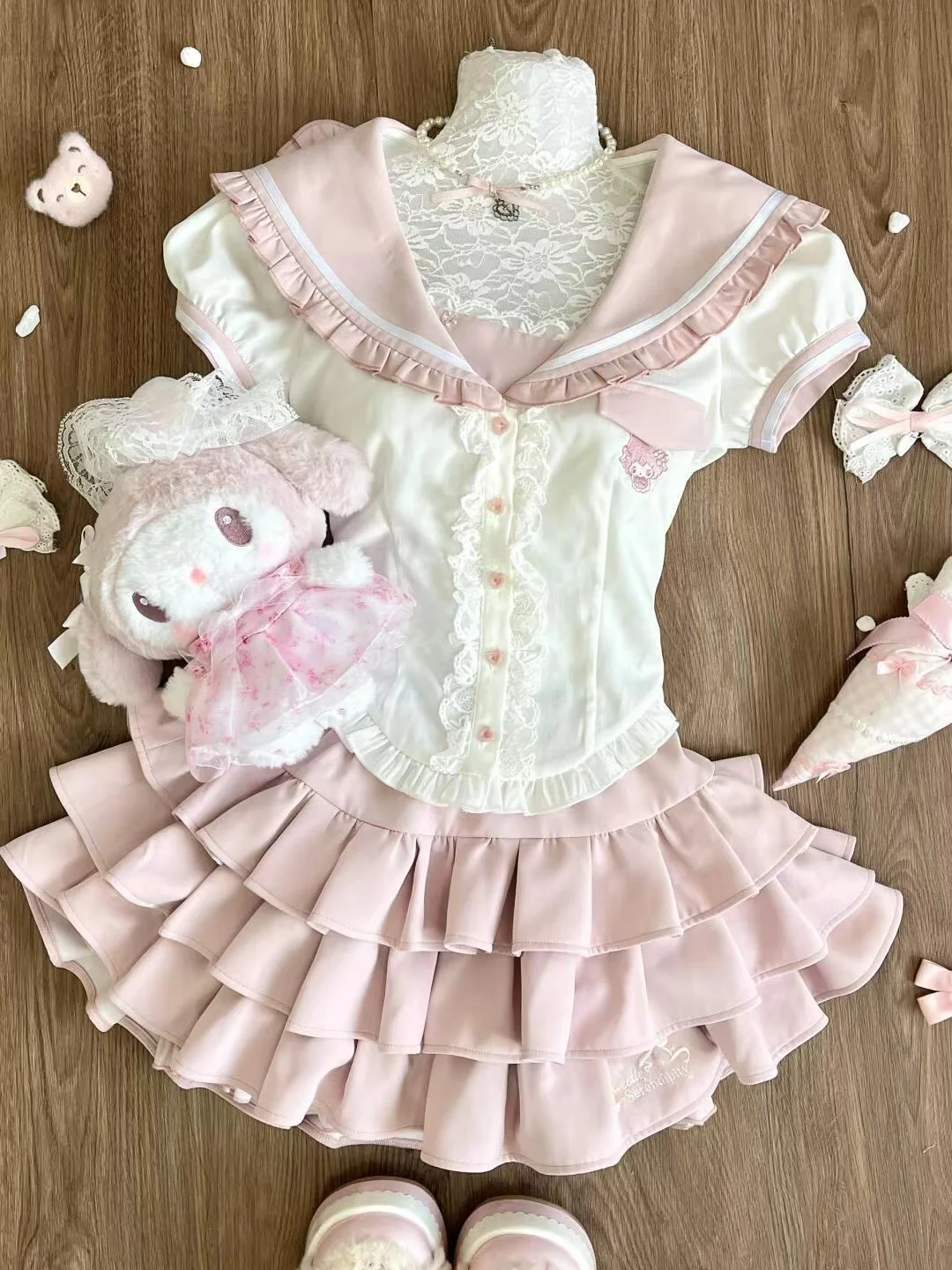 Zestaw damski Preppy z koronką i spódniczką w kratkę — styl Kawaii Y2K Granatowy