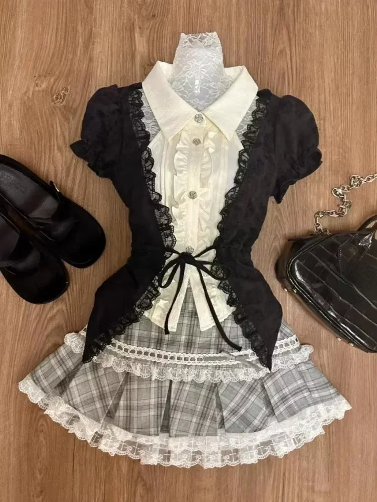 Zestaw damski Preppy z koronką i spódniczką w kratkę — styl Kawaii Y2K Królewski niebieski