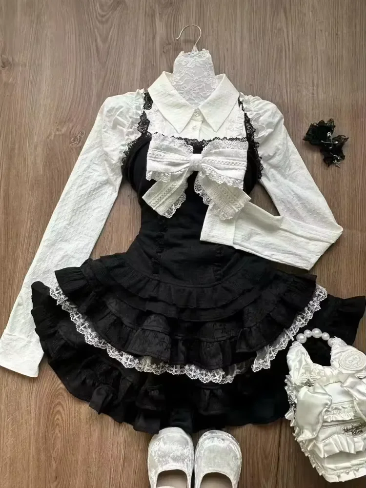 Zestaw damski Preppy z koronką i spódniczką w kratkę — styl Kawaii Y2K Pomarańczowy