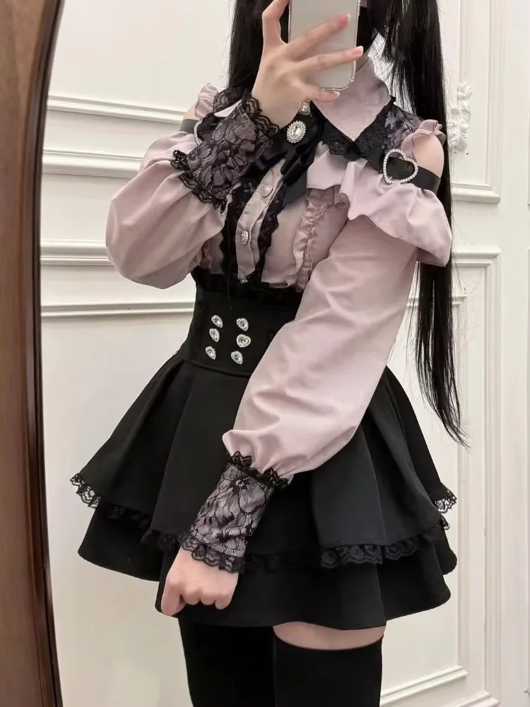 Zestaw damski Preppy z koronką i spódniczką w kratkę — styl Kawaii Y2K Różowy
