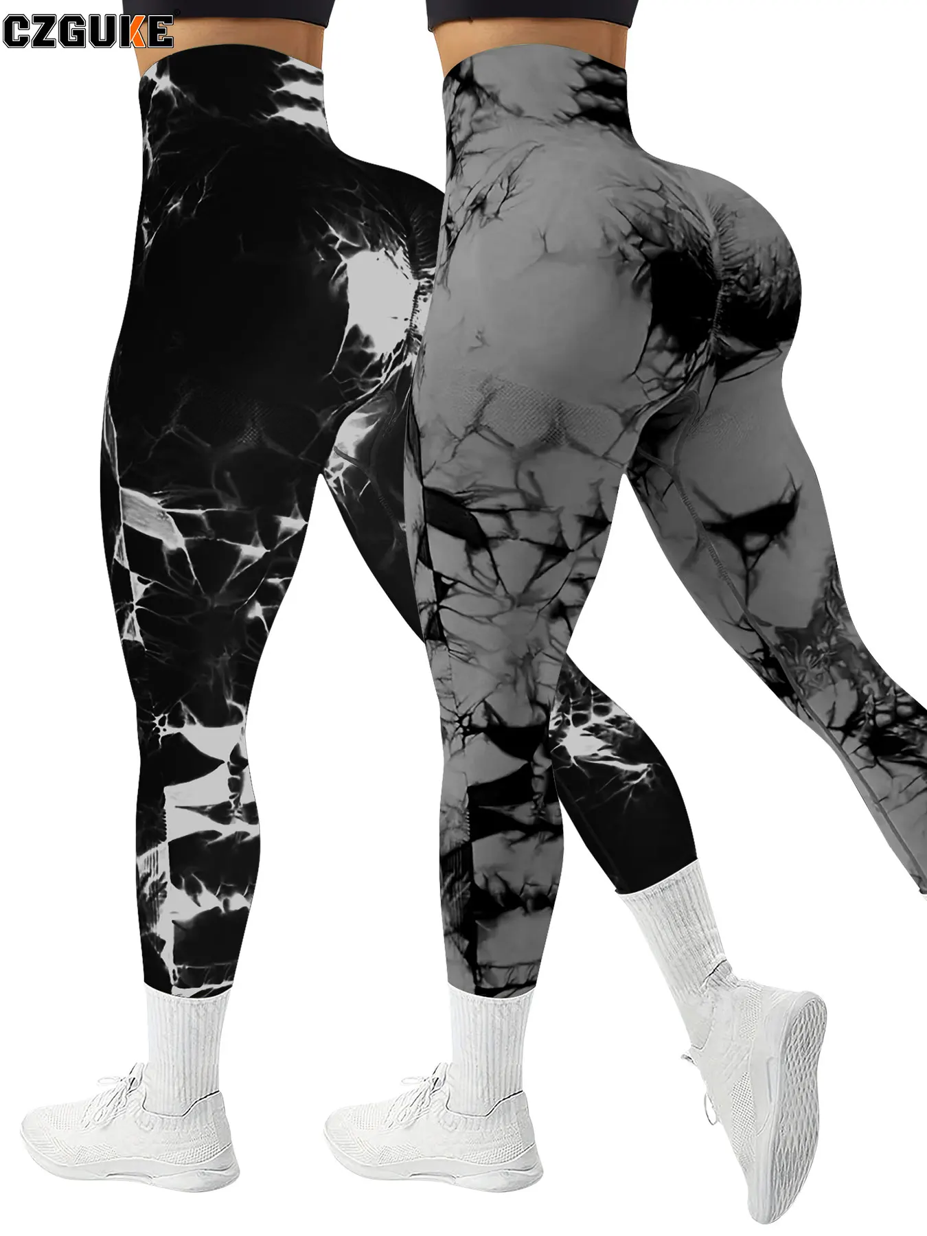 Dwuczęściowy zestaw sportowy damski tie-dye z legginsami Szary