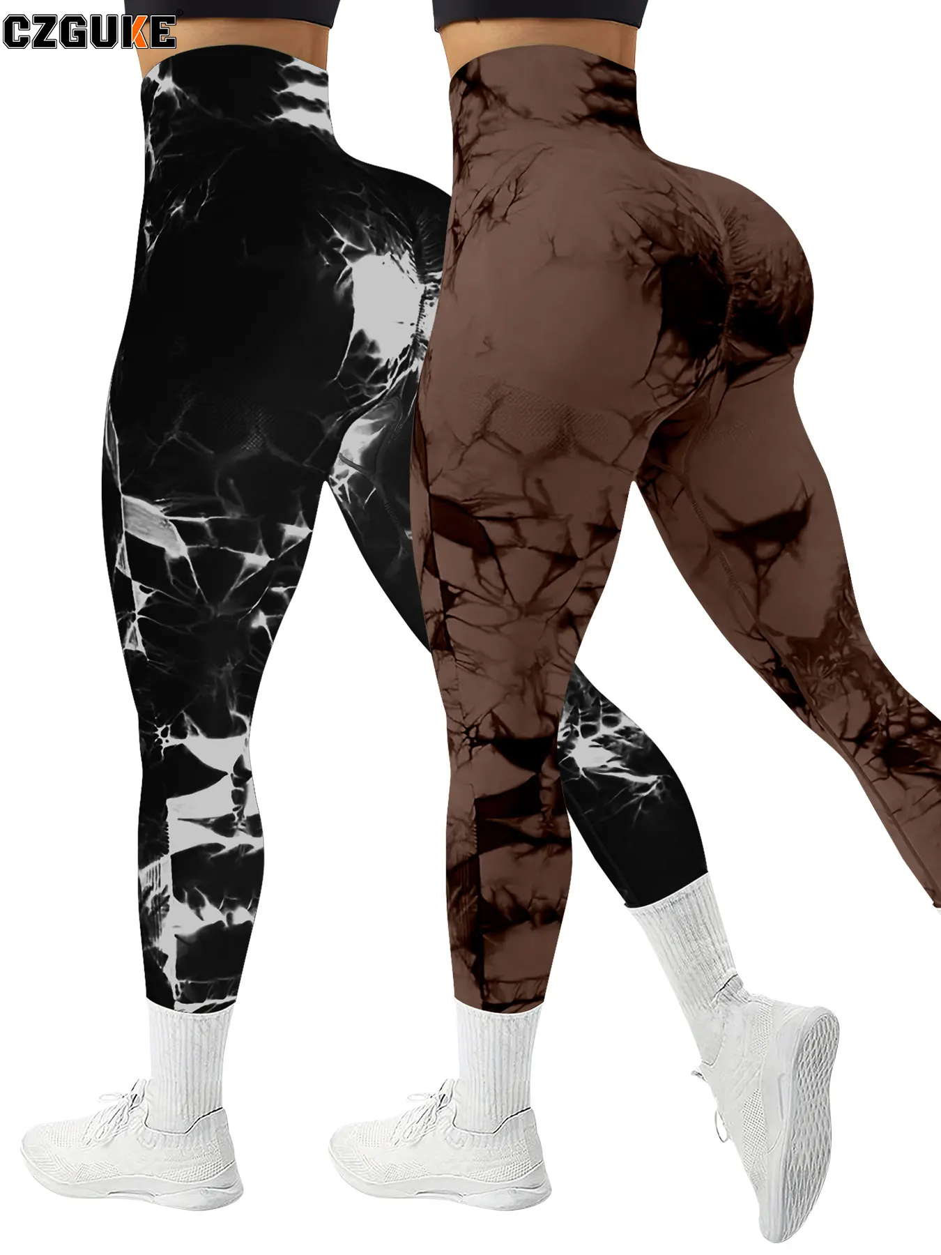 Dwuczęściowy zestaw sportowy damski tie-dye z legginsami Złoto