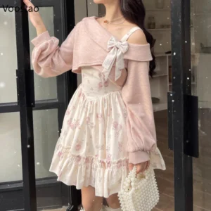 Zestaw Sweet Lolita sukienka kwiatowa i dzianinowy płaszcz Czarny