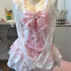 Zestaw 2-częściowy Y2K: sweterek i mini spódniczka w stylu kawaii Jasny