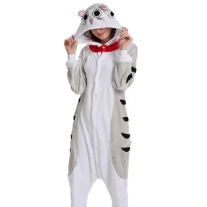 Zimowa piżama kigurumi kotek - flanelowy kombinezon Fuksja