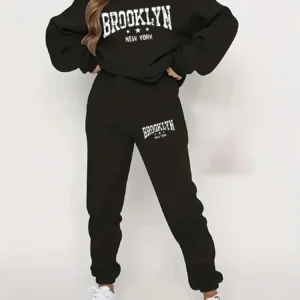 Zimowy dres damski hip-hop z kapturem i pluszem — zestaw streetwear Czarny