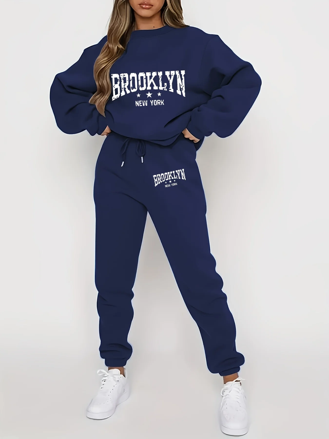 Zimowy dres damski hip-hop z kapturem i pluszem — zestaw streetwear Niebieski