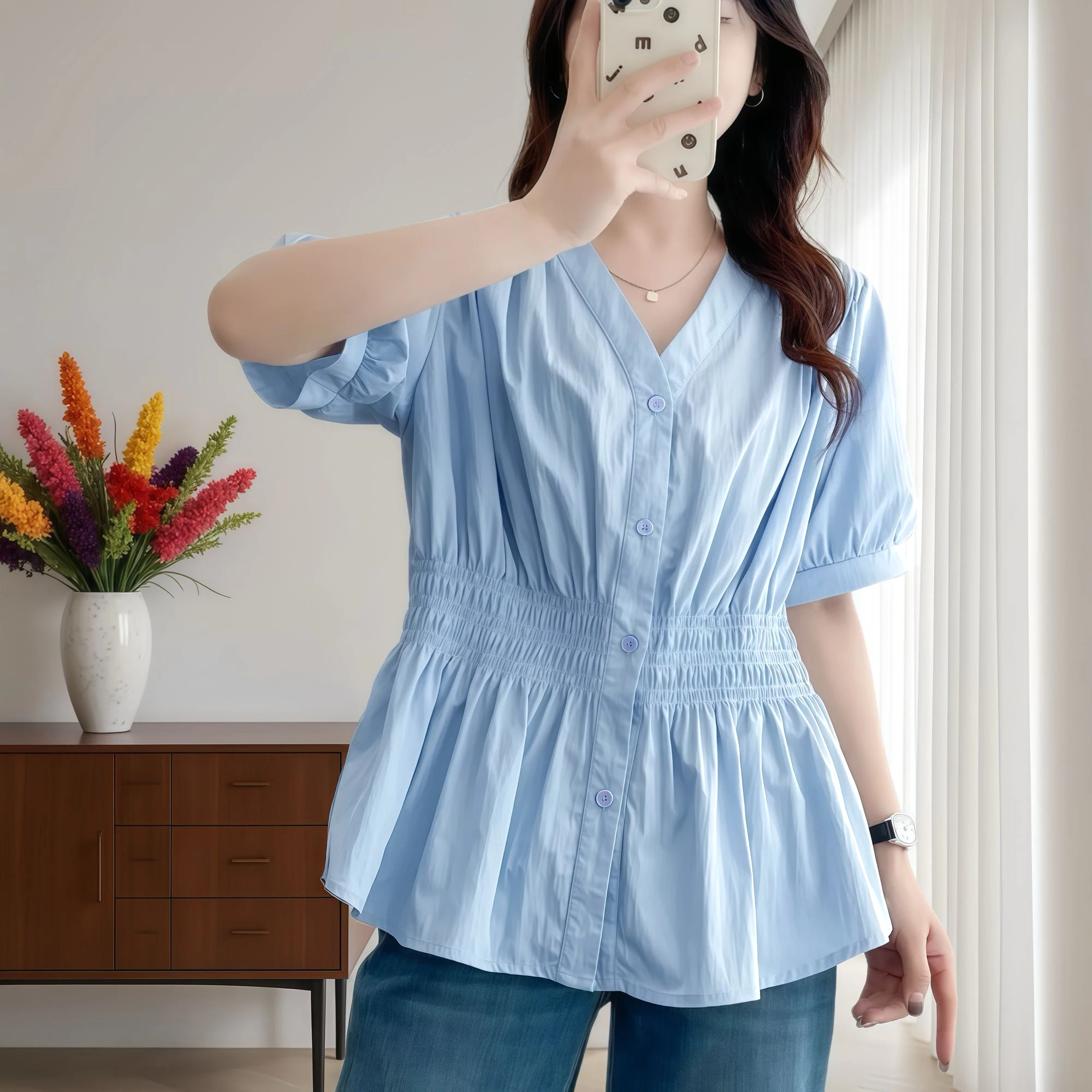 Zwiewna bluzka letnia plus size z elastyczną talią Niebieski